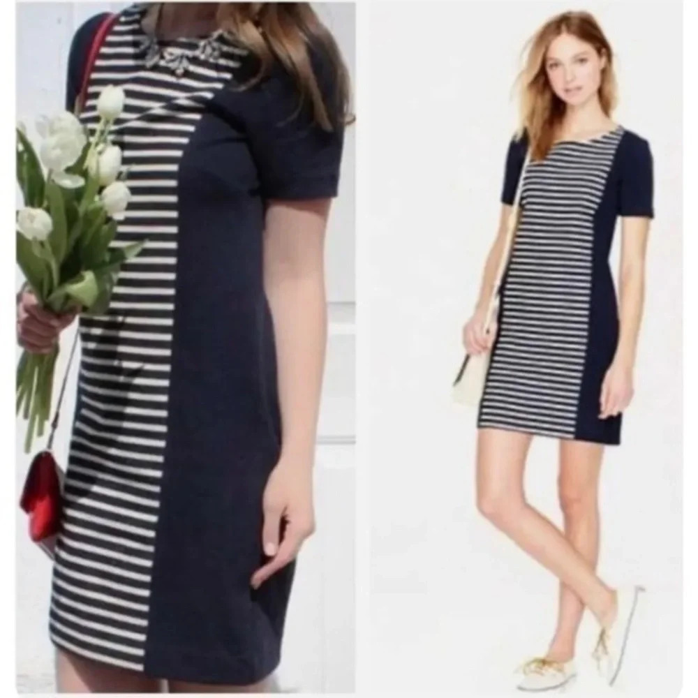 J. Crew | Navy Blue Ivory Texture Striped Cotton Shift Dress Women’s Size  10
